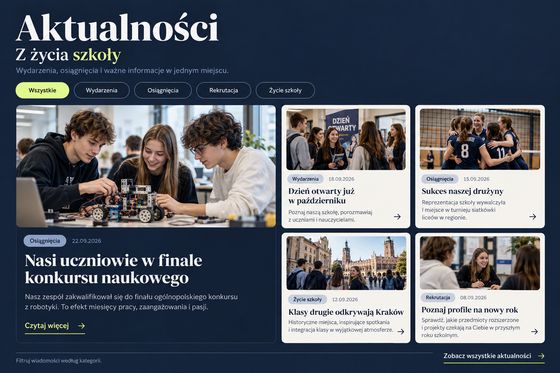 Moduł aktualności szkoły z filtrami kategorii i kartami wpisów