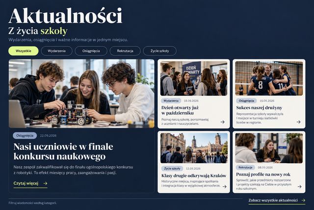 Moduł aktualności szkoły z filtrami kategorii i kartami wpisów