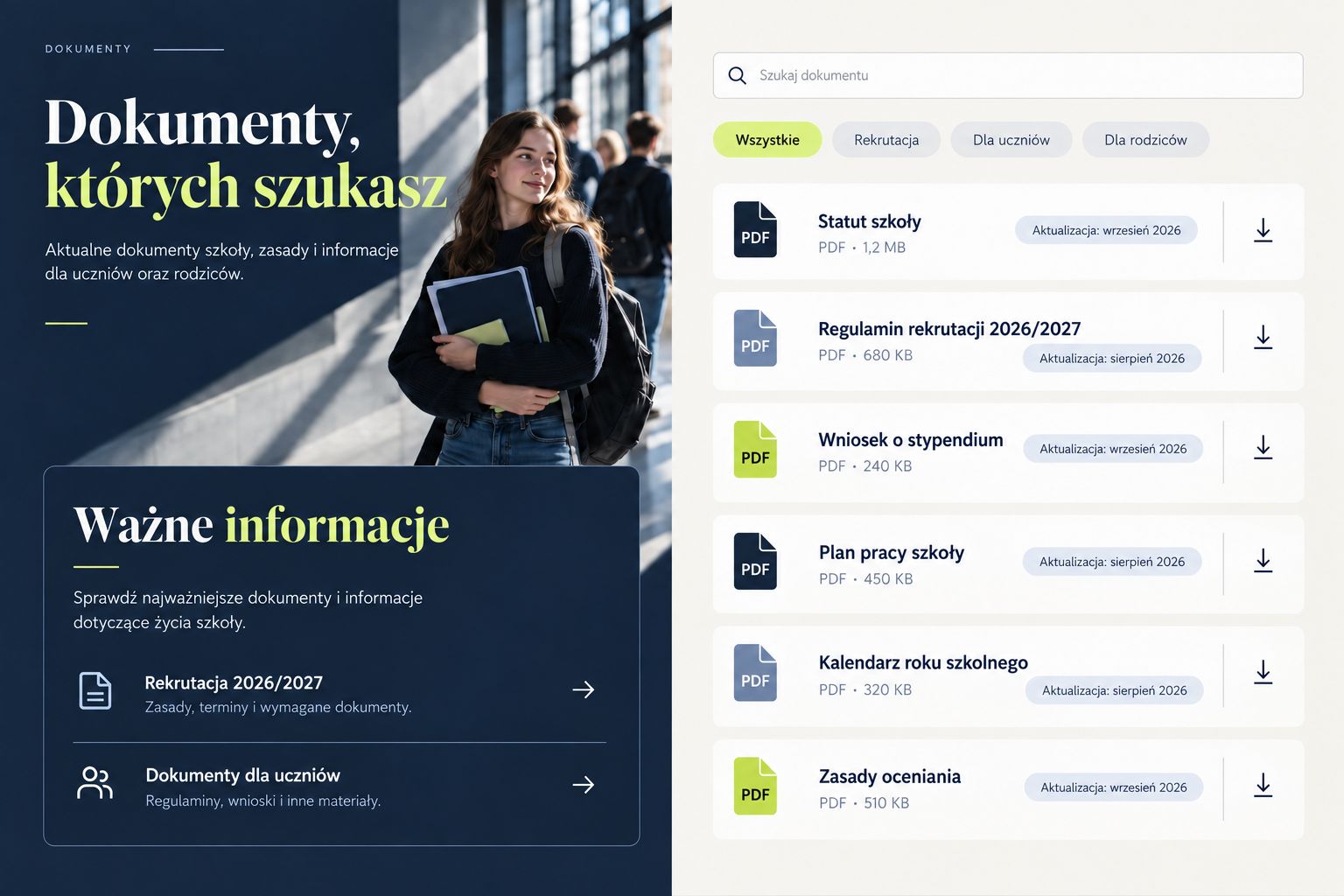 Moduł dokumentów szkoły z listą plików PDF i wyszukiwarką