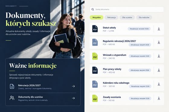 Moduł dokumentów szkoły z listą plików PDF i wyszukiwarką