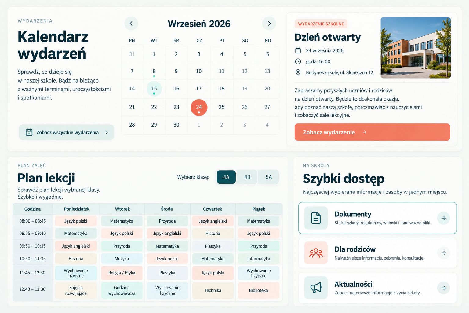 Moduł kalendarza wydarzeń i planu lekcji z wyborem klasy