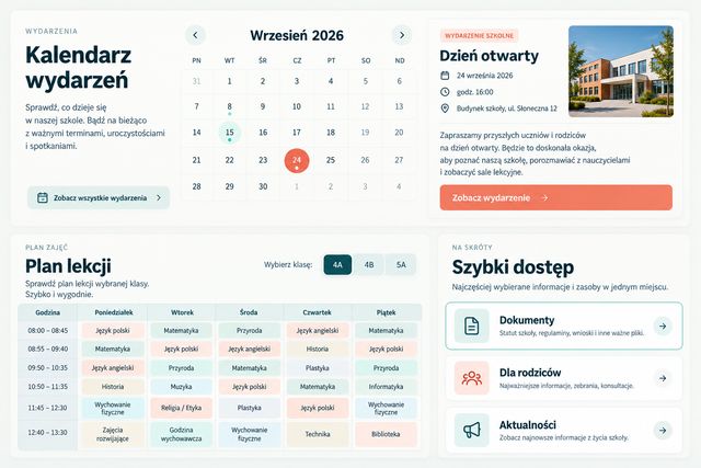 Moduł kalendarza wydarzeń i planu lekcji z wyborem klasy