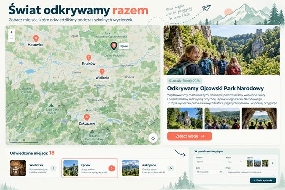 Moduł mapy szkolnych wycieczek z relacją z Ojcowskiego Parku Narodowego