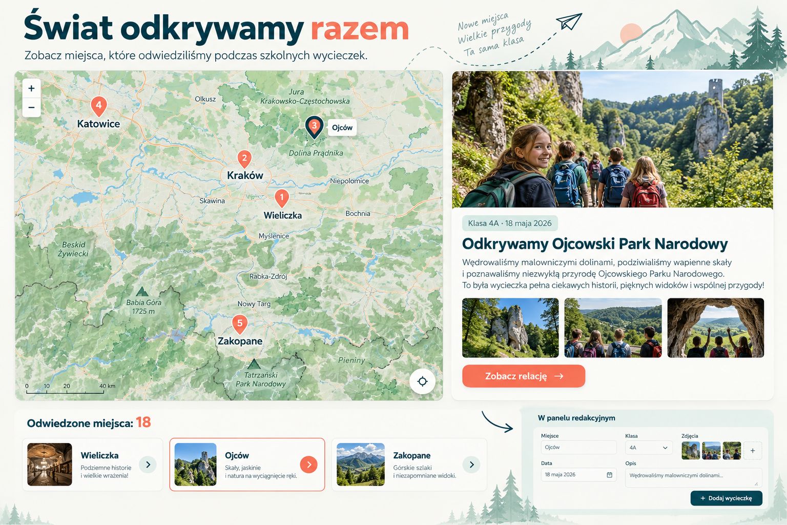 Moduł mapy szkolnych wycieczek z relacją z Ojcowskiego Parku Narodowego
