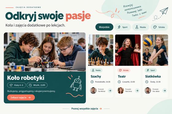 Moduł zajęć dodatkowych z kołem robotyki, szachami, teatrem i siatkówką