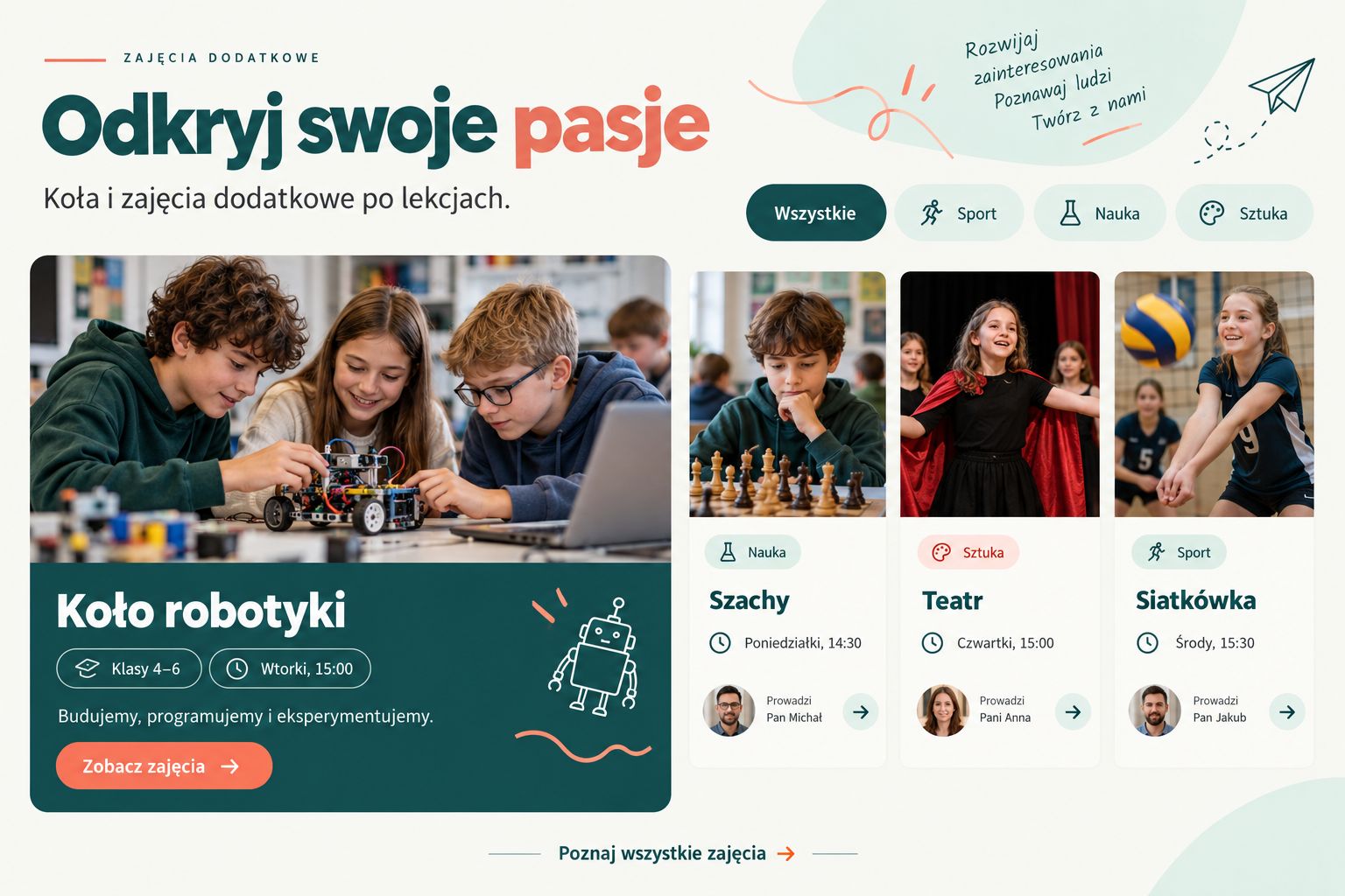 Moduł zajęć dodatkowych z kołem robotyki, szachami, teatrem i siatkówką