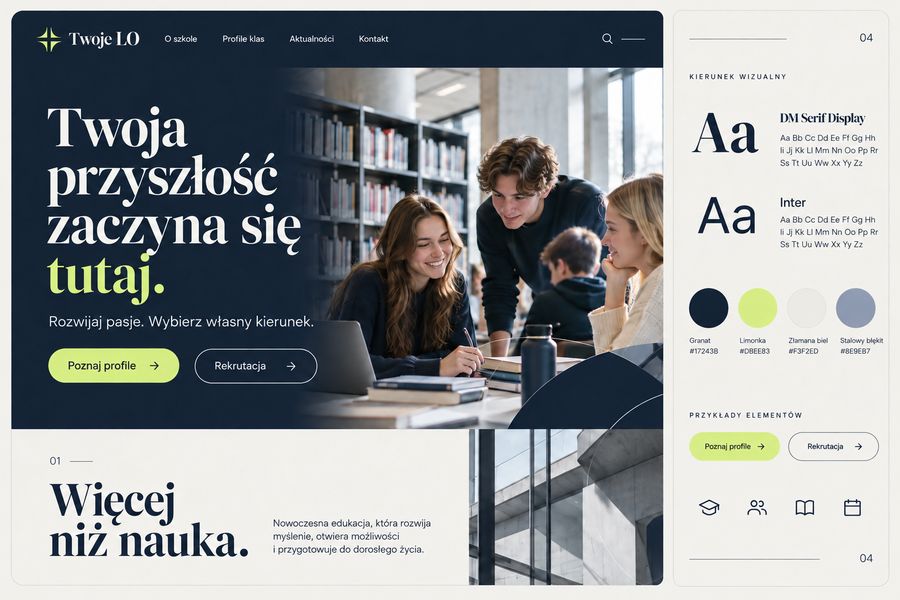 Projekt strony internetowej liceum w granatowej kolorystyce z uczniami w bibliotece