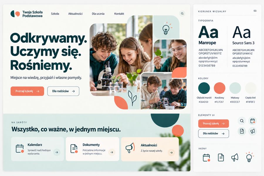 Projekt strony internetowej szkoły podstawowej z uczniami na lekcji przyrody