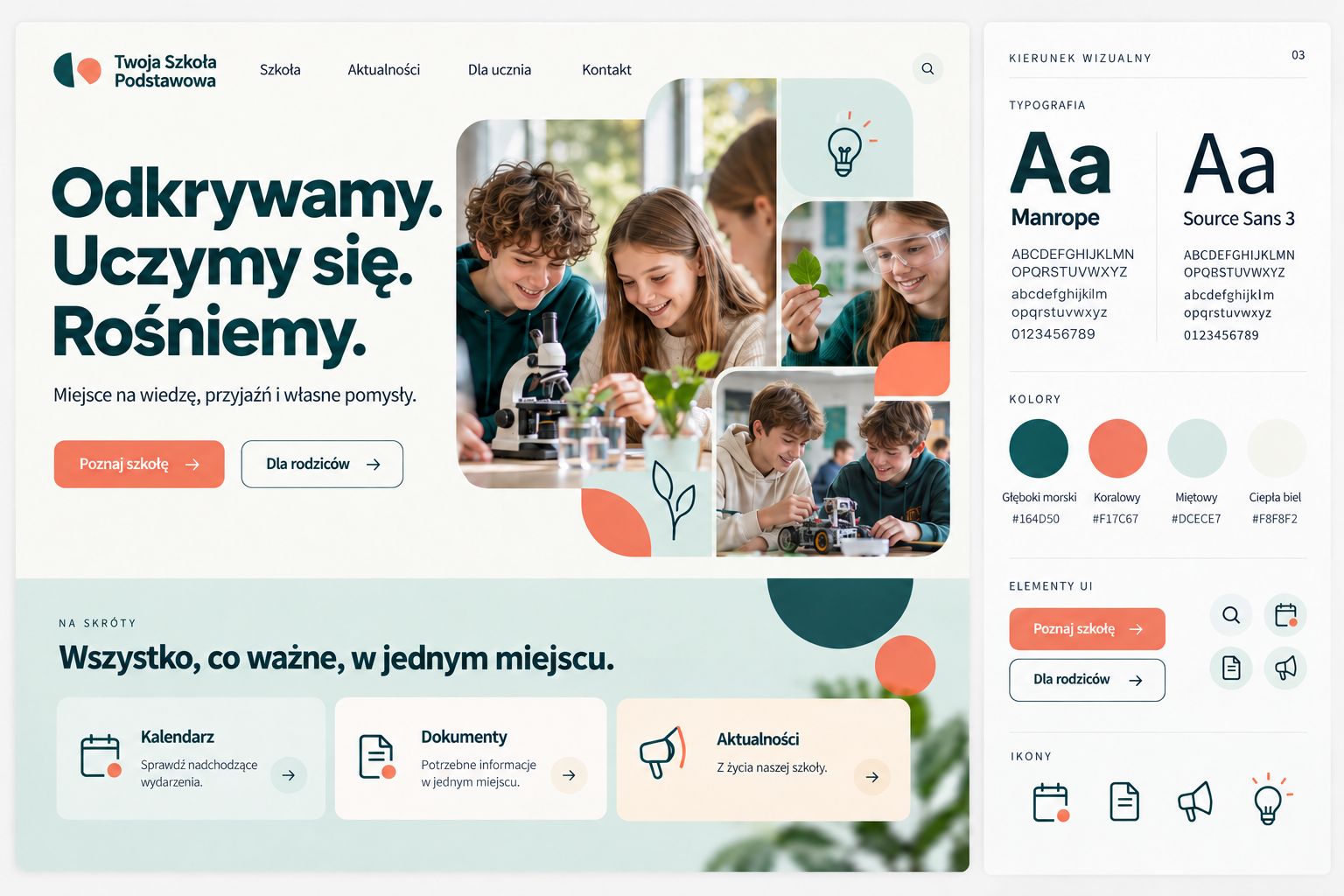 Projekt strony internetowej szkoły podstawowej z uczniami na lekcji przyrody