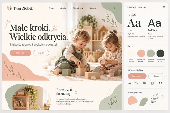 Projekt strony internetowej żłobka w pastelowych kolorach ze zdjęciem bawiących się dzieci