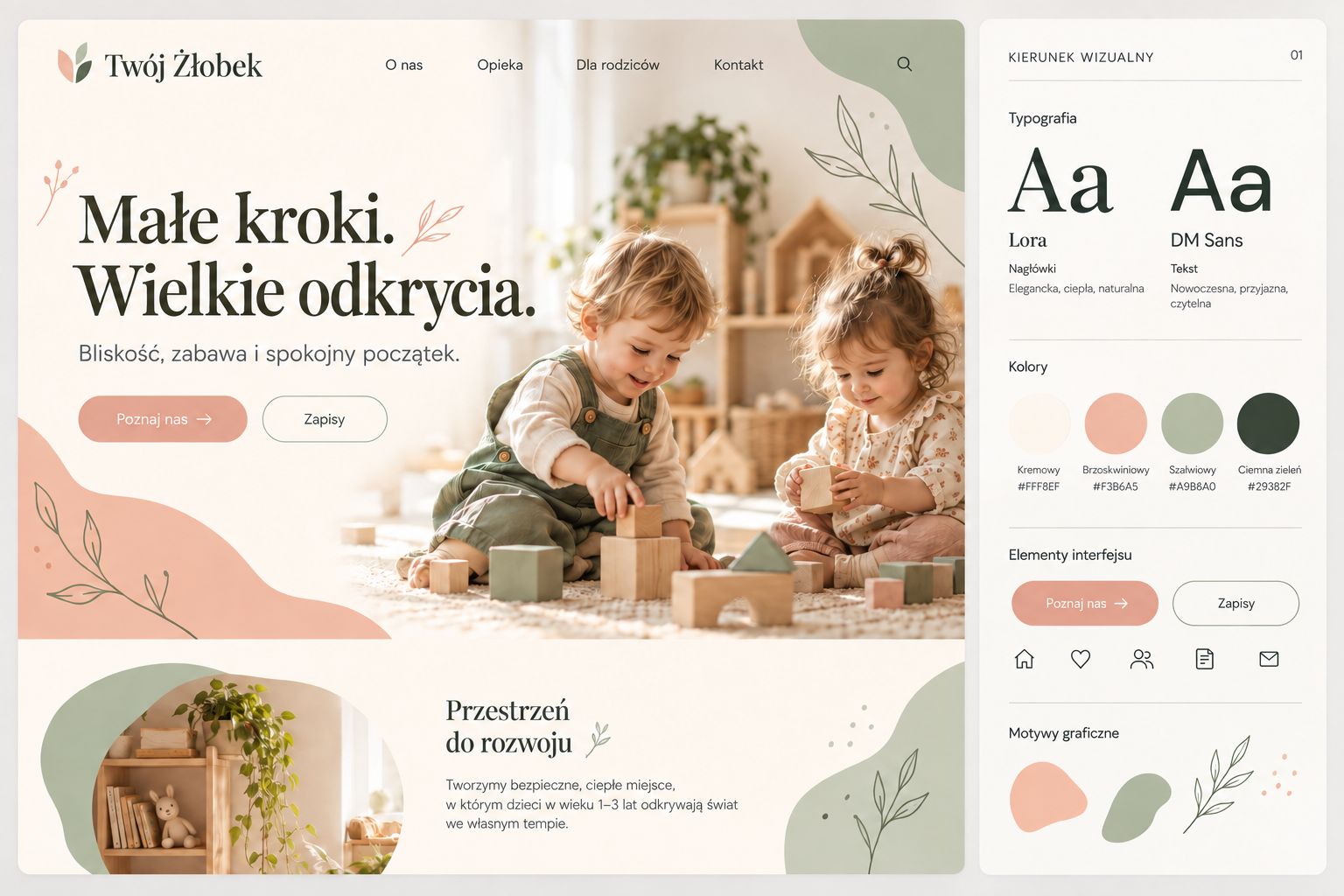 Projekt strony internetowej żłobka w pastelowych kolorach ze zdjęciem bawiących się dzieci